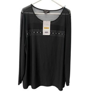 By Design 3X Black Long Sleeve Top Mesh‎ Yoke Rhinestone Studded Glam Night Out